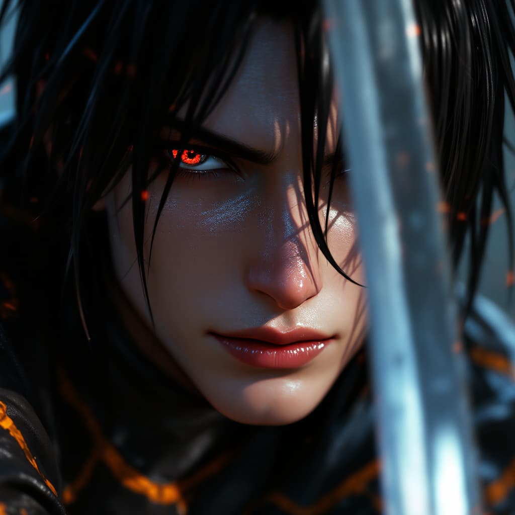 AI generated: a close up of a person with a sword, 3 d render official art, snk, male rogue, aliased, straight bla...