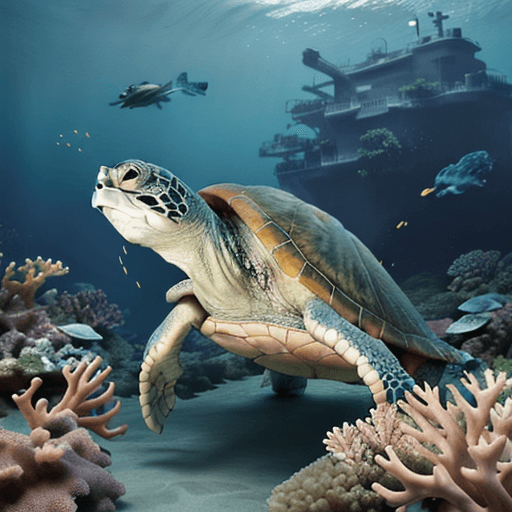 AI generated: Photo of a ultra realistic, small green dreamy turtle looking at us aand a deeper boat wreck, corals...