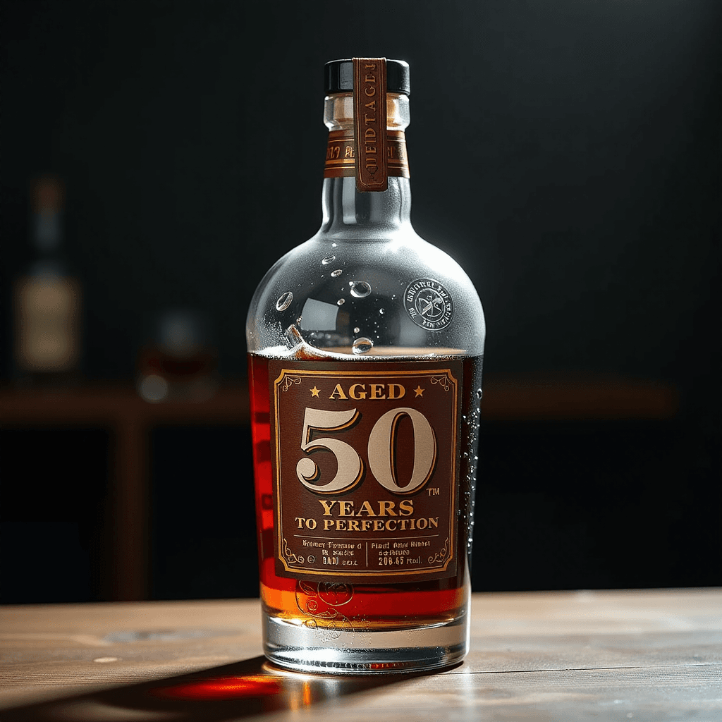 AI generated: A bottle of fine aged liquor labeled "Aged 50 Years to Perfection", dark moody lighting, condensatio...