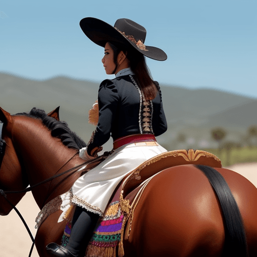 AI generated: MARIACHI MUJER SENTADA EN UN CABALLO MIRANDO AL HORIZONTE
