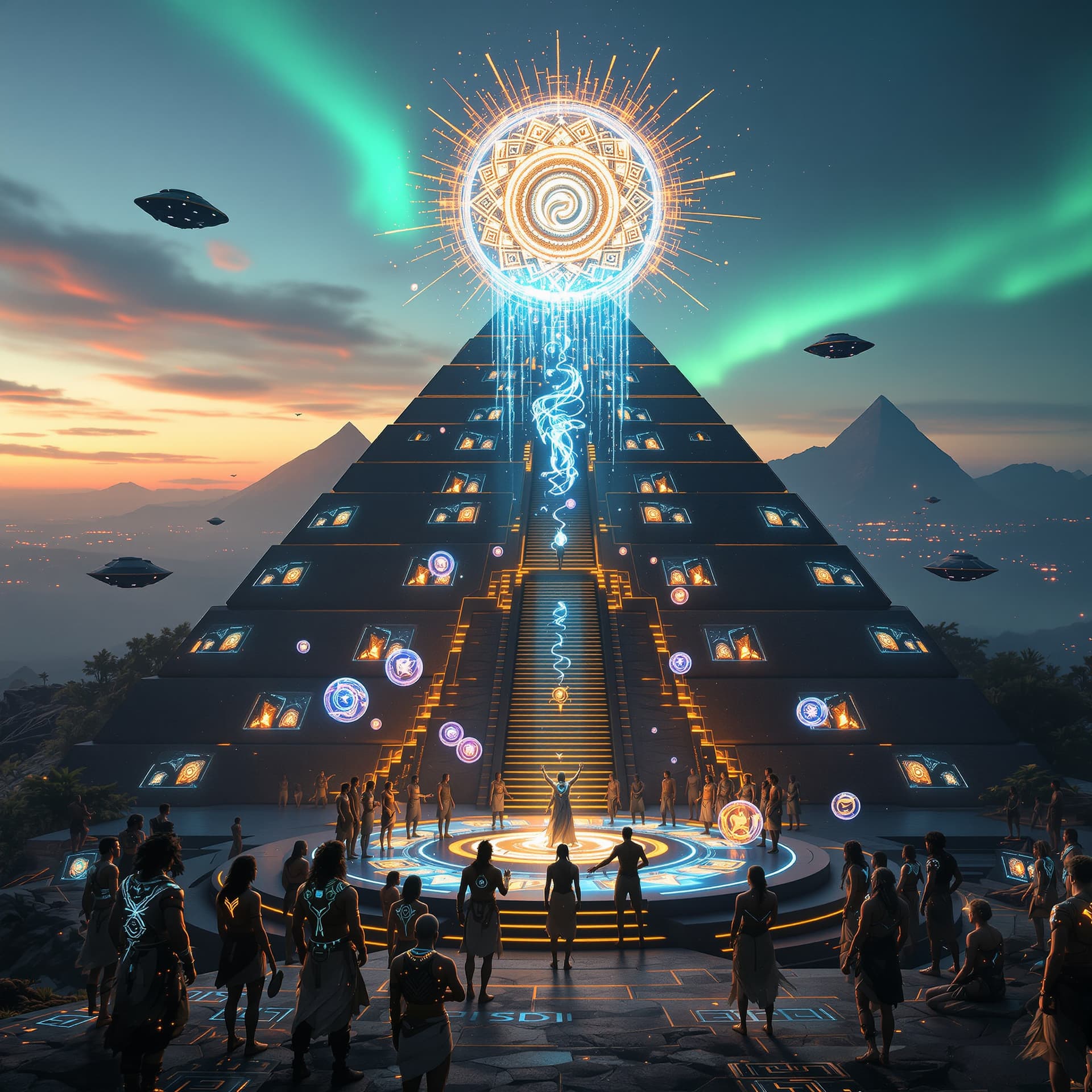 AI generated: An ultra-futuristic Mesoamerican tribe gathered atop a terraced pyramid structure fused with sleek, ...