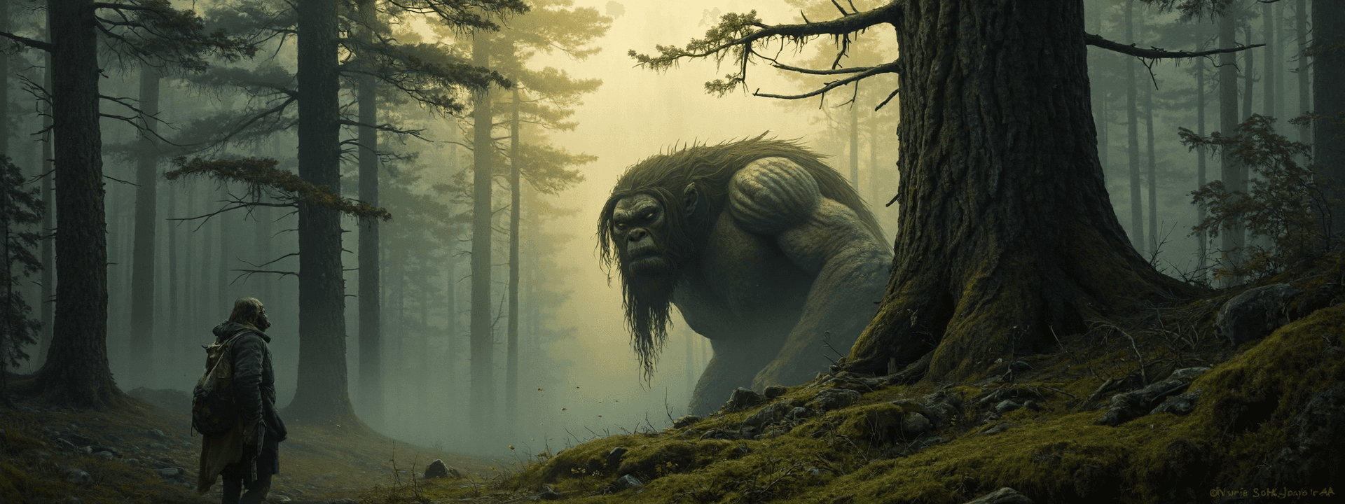 AI generated:  Dark fantasy oil painting inspired by traditional Nordic folklore and the style of 19th-century Sca...