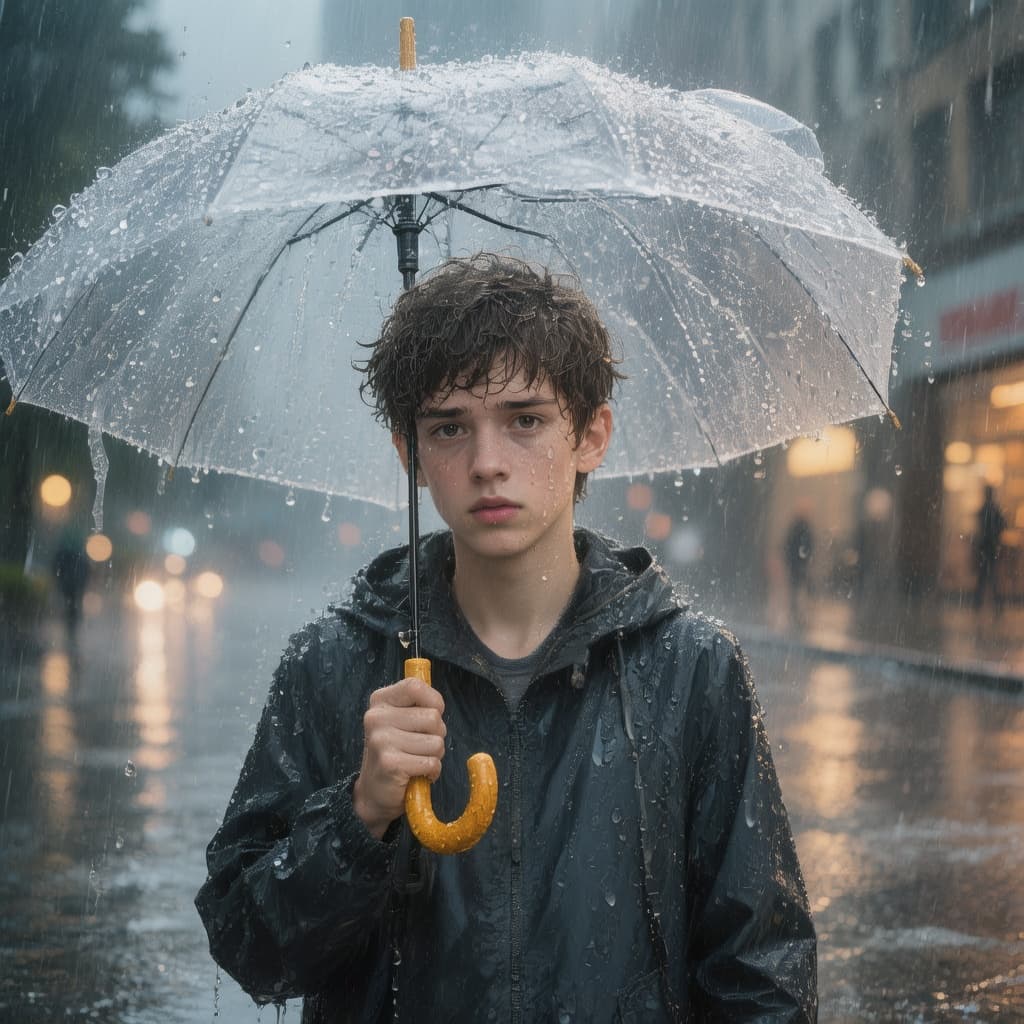 AI generated: um adfolescente com um guarda chuva na chuva e fora do corpo dele abaixo dele a direita e fora do co...