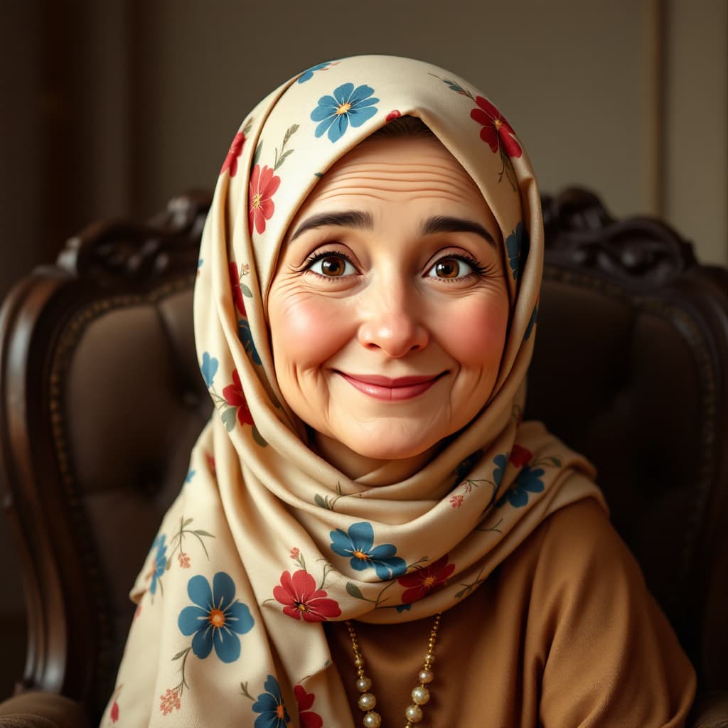 AI generated:  A cartoon style of a middle-aged woman around 60 with a round face, warm smile, and light brown ski...