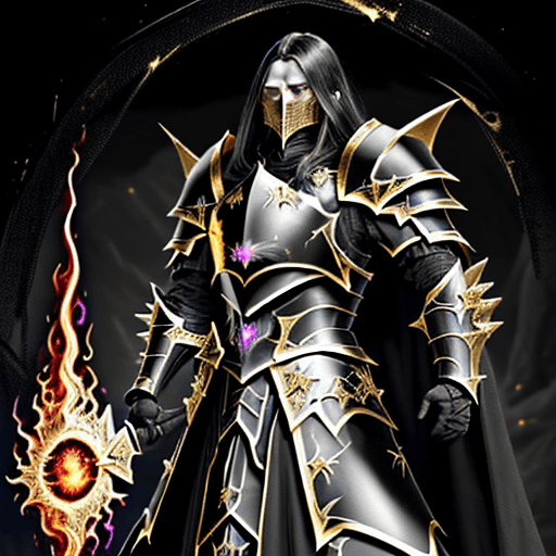 AI generated: Lord of the "Frenzied Flame", "Elden Ring", "black overlapping plate armor edged with gold", "black ...
