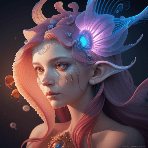 AI generated: Goddess close-up portrait ribcagel. jellyfish phoenix head, nautilus, orchid, skull, betta fish, bio...