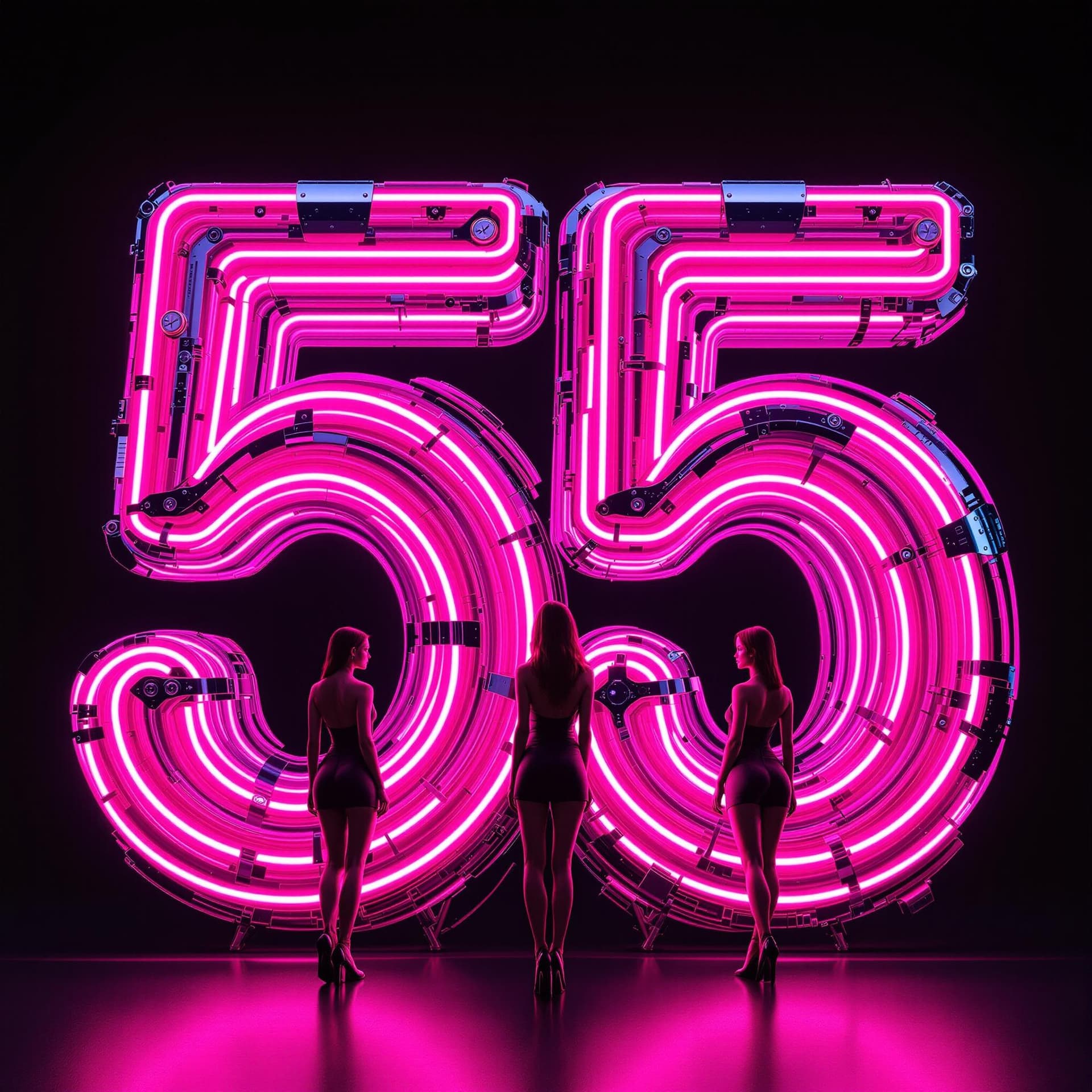 AI generated: number '55' sculpted from intertwined neon tubes in a bright magenta color, front view, set against ...
