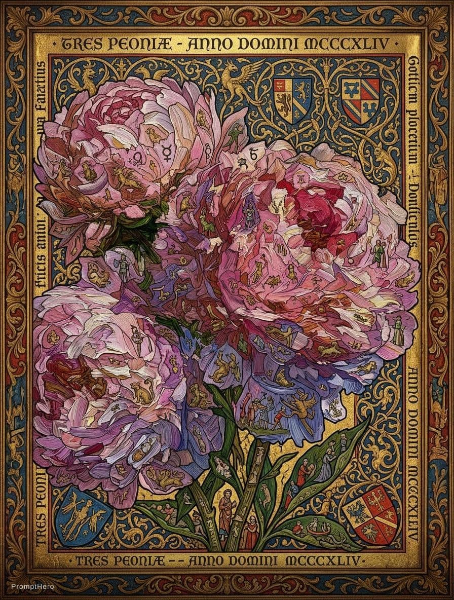 AI generated: an oil painting of three pions , in the style of 1000–1400 ce, 32k uhd, colorized, simon prades, eye...