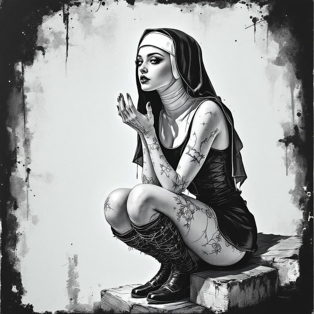 AI generated: An image of the babe nun with knee high socks on a white chalkboard, in the style of tattoo inspired...