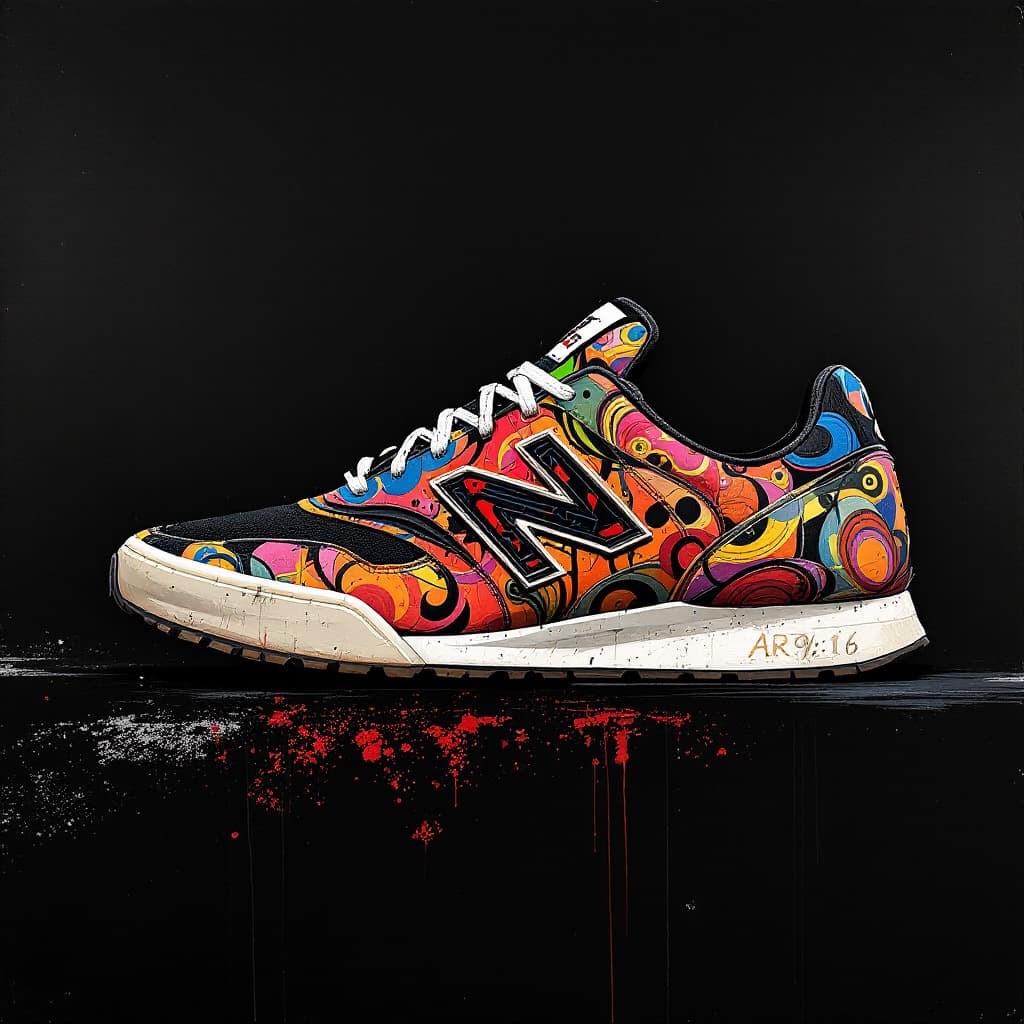 AI generated: artistic painting art, side view, New balance conceptual sneakers design, distinctive vibrant patter...