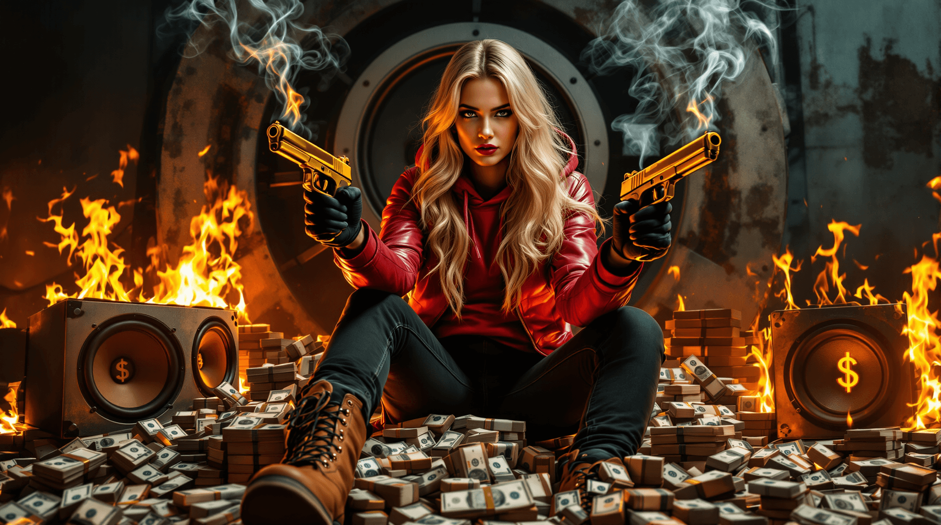 AI generated: Hyper-realistic photo of a young blonde woman with striking, intense features, long flowing hair, we...
