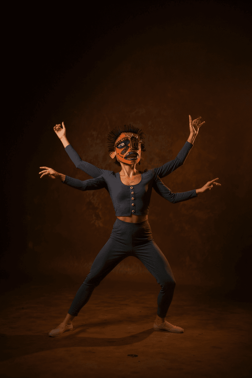 AI generated: A 6 arms and 4 legs mime dancing , pain background. Warm light.soft dramatic light. wide shot. Plain...
