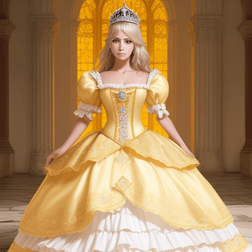 AI generated: señorita de tes blanca, ojos color marrón claro, corona dorada, vestida de princesa color lila, que ...