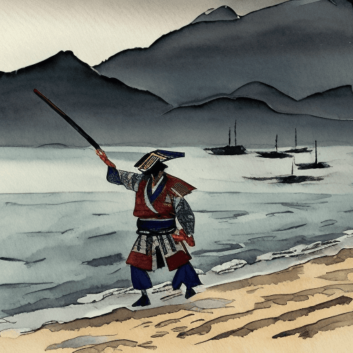 AI generated: water color painting of Shogun on a dreary gloomy beach depressed and angry on the bay of japan, Tra...