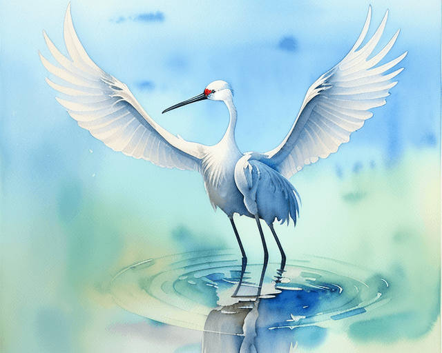 AI generated: Crane bird standing in water looking up at the sky with wings spread, watercolor, painting