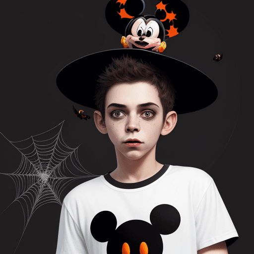 AI generated: Disney Mickey character with Halloween hat on his head. Around him 3 bats of various sizes, spider c...