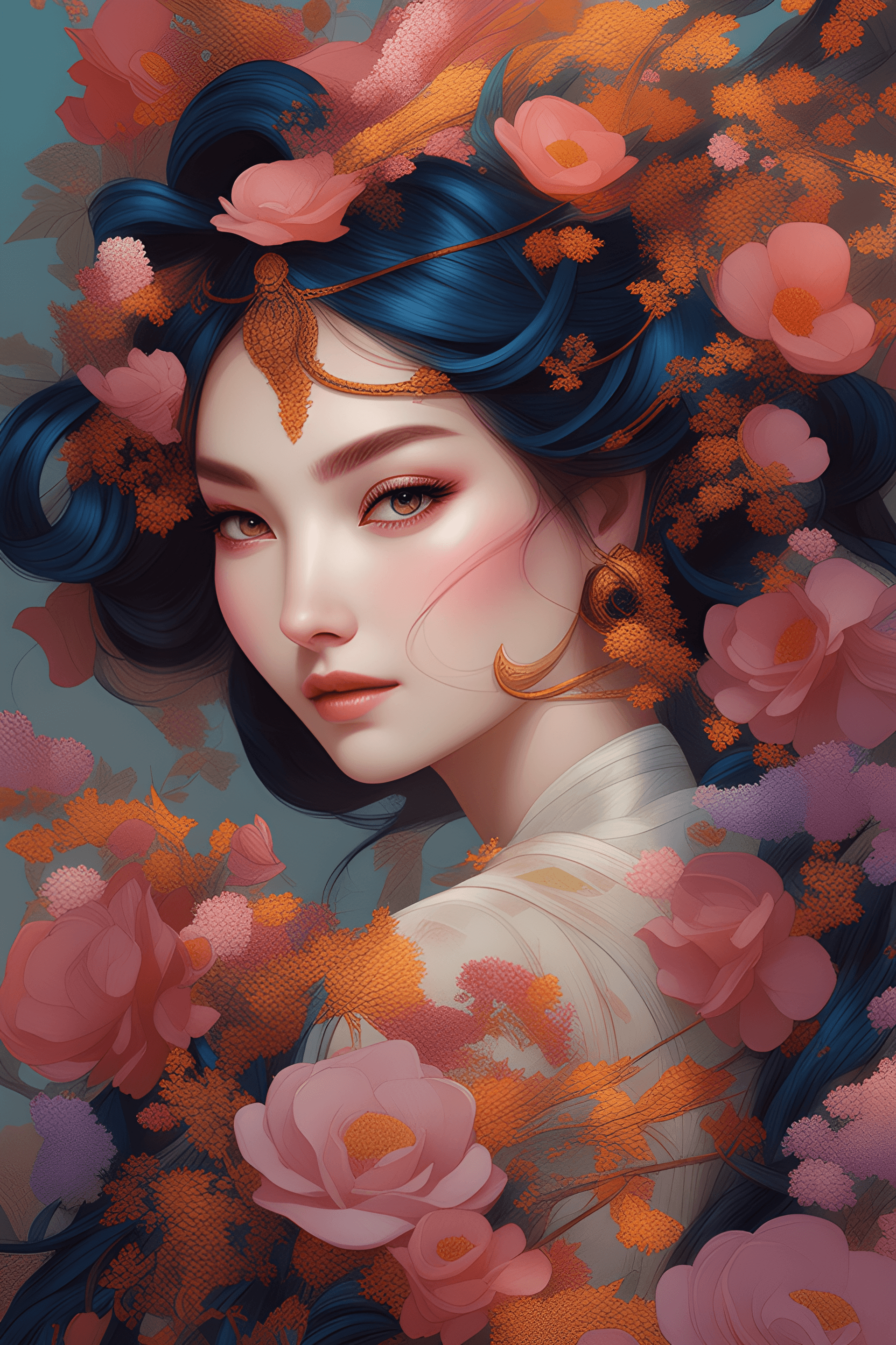 AI generated: a painting of a woman with flowers in her hair, beautiful fantasy art portrait, stunning anime face ...