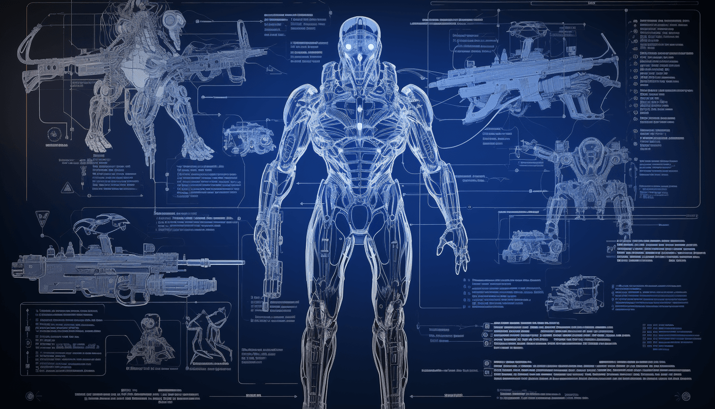 AI generated: a blue print of a set of a full body drawing of a futuristic cyborg with heavy weapons with writing ...