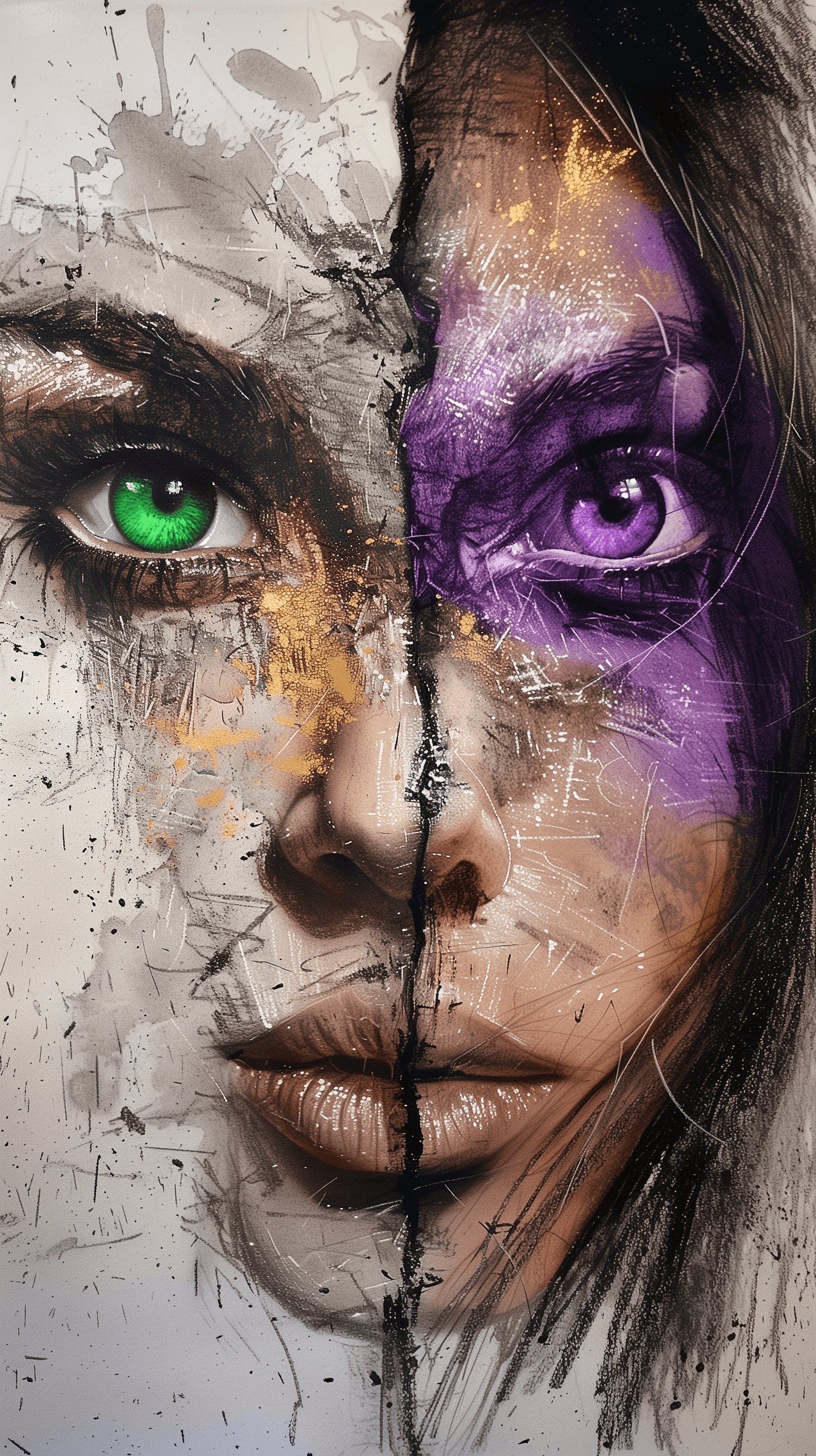 AI generated: artistic, pastel art, woman face, odd eye, left emerald color and right purple color, very rough tec...
