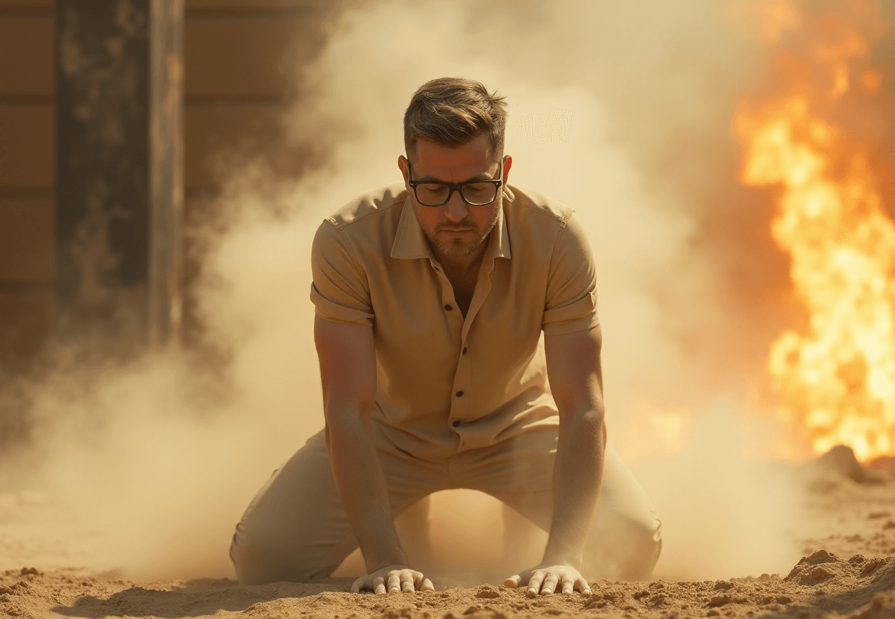 AI generated: Man with glasses standing up from a file of dust, kneeling up while dust pours down from him, white ...