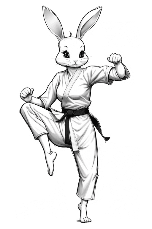 AI generated: sketch, no color, cartoon, line art, 2D, rabbit woman, rabbit legs, monk, martial arts kick