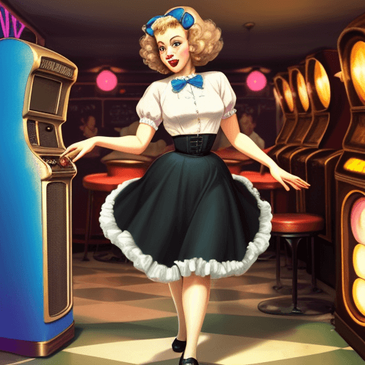 AI generated: A young woman in a 1950s poodle skirt, dancing on a jukebox, in the style of Norman Rockwell.