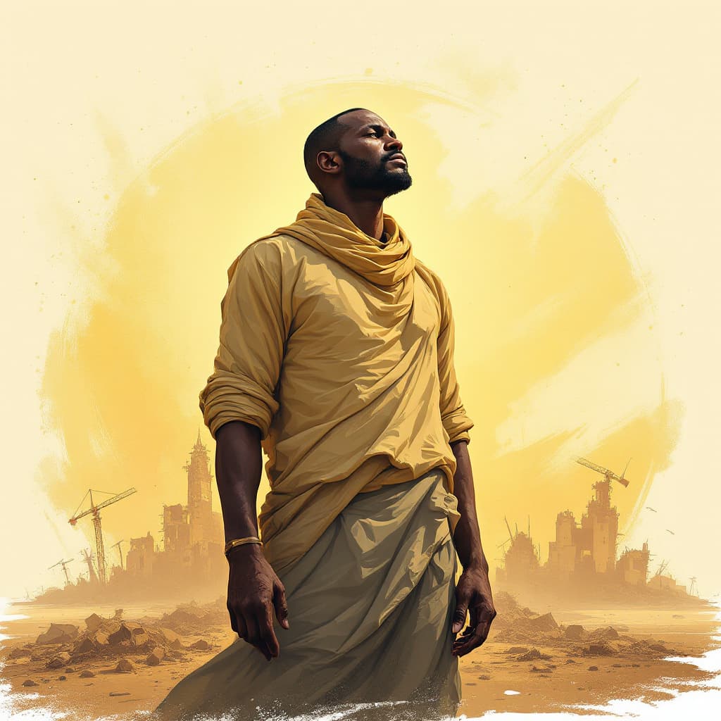 AI generated: Design a picture of a Sudanese citizen standing tall, looking towards a better future, with the trac...