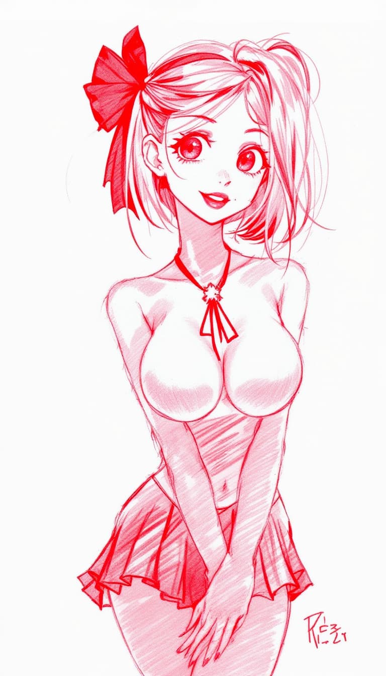 AI generated: girl, red pen drawing, sketch, anime, expressive