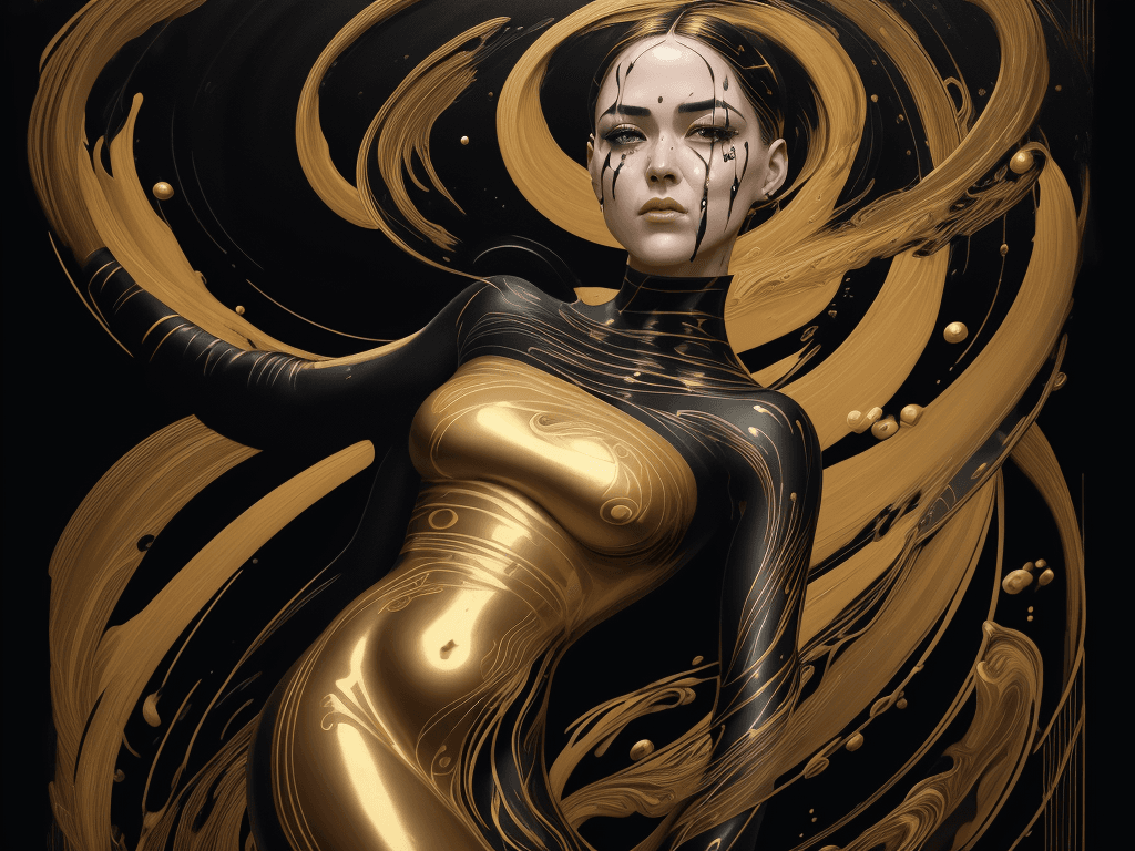 AI generated: girl like Alex Garland, wearing a golden and black robe with calligraphy on itm art deco coffee art,...