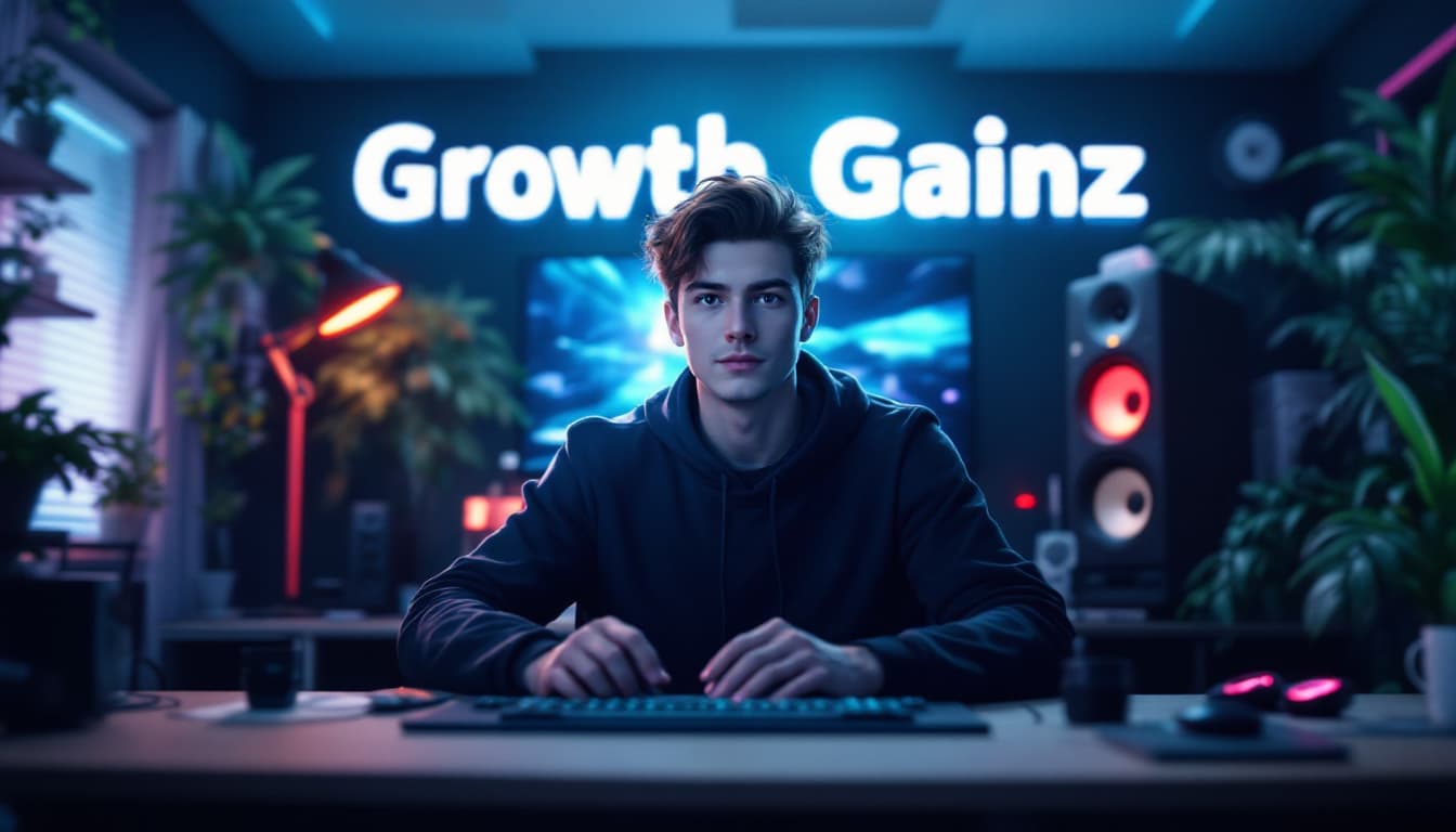 AI generated: Create an anime-style young man facing in front. He is a YouTube content creator sitting at a modern...