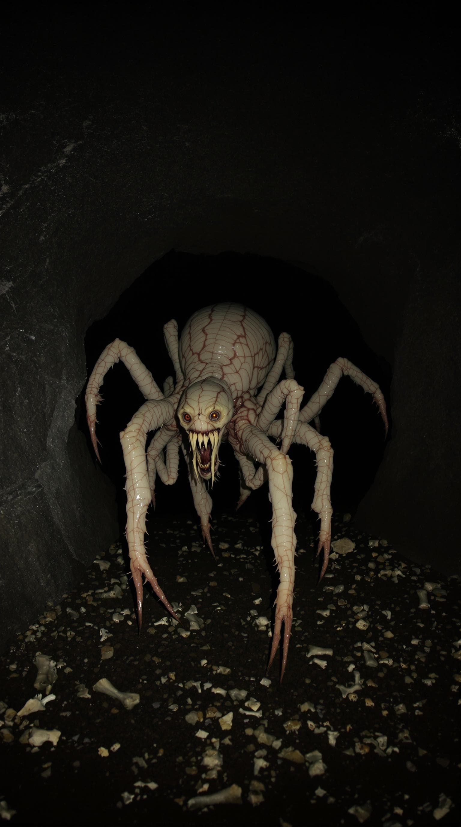 AI generated: A grotesque, surreal creature emerging from a dark, subterranean cave, combining human and arachnid ...