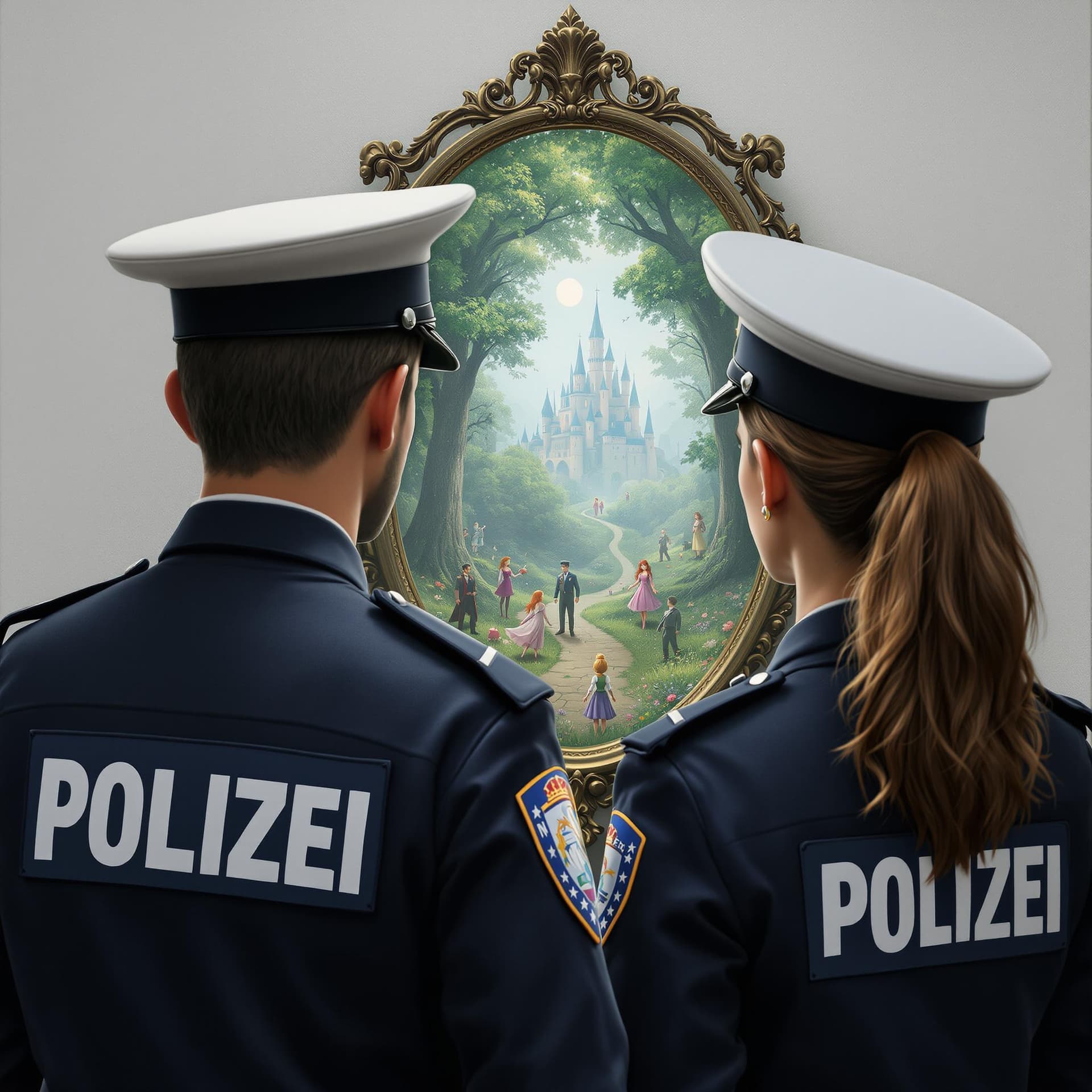 AI generated: Photorealistic image of a male and a female Police Officer with the writing POLIZEI on their backs i...