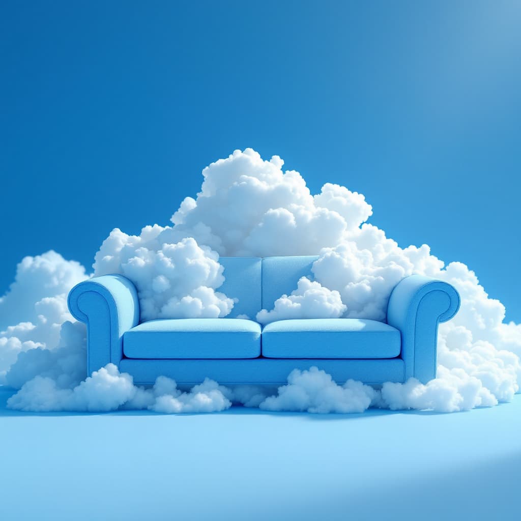AI generated: productive photography, front view, small fluffy clouds as a couch, inspired by white cloud, blue ma...
