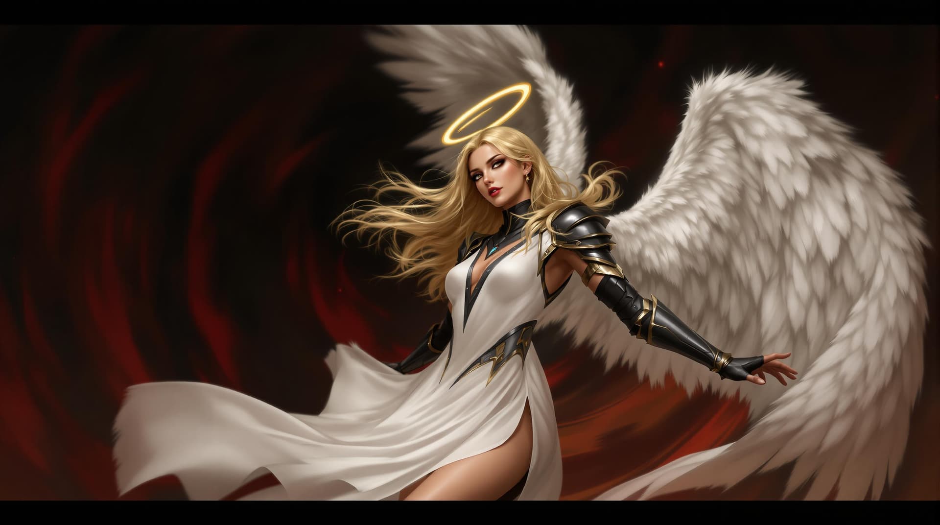 AI generated: a female angel in a dynamic pose, with her body angled to the right and her head turned towards the ...