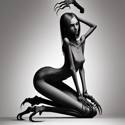 AI generated: very skinny slender girl, with long curved claws, skinny legs and long skinny calves in high heels a...