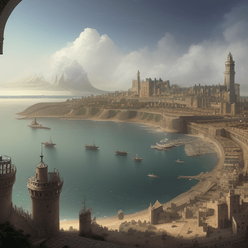 AI generated: A front view of elven port city of Algiers in the distance with walls and towers filled with merchan...