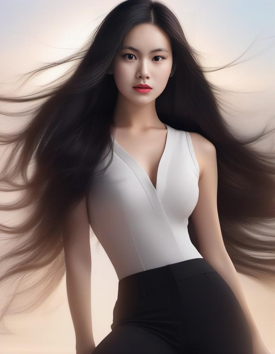 AI generated: photo of pretty korean woman (beautiful:1.2),(long black hair:1.62) (short pants:1.21) intricate ele...