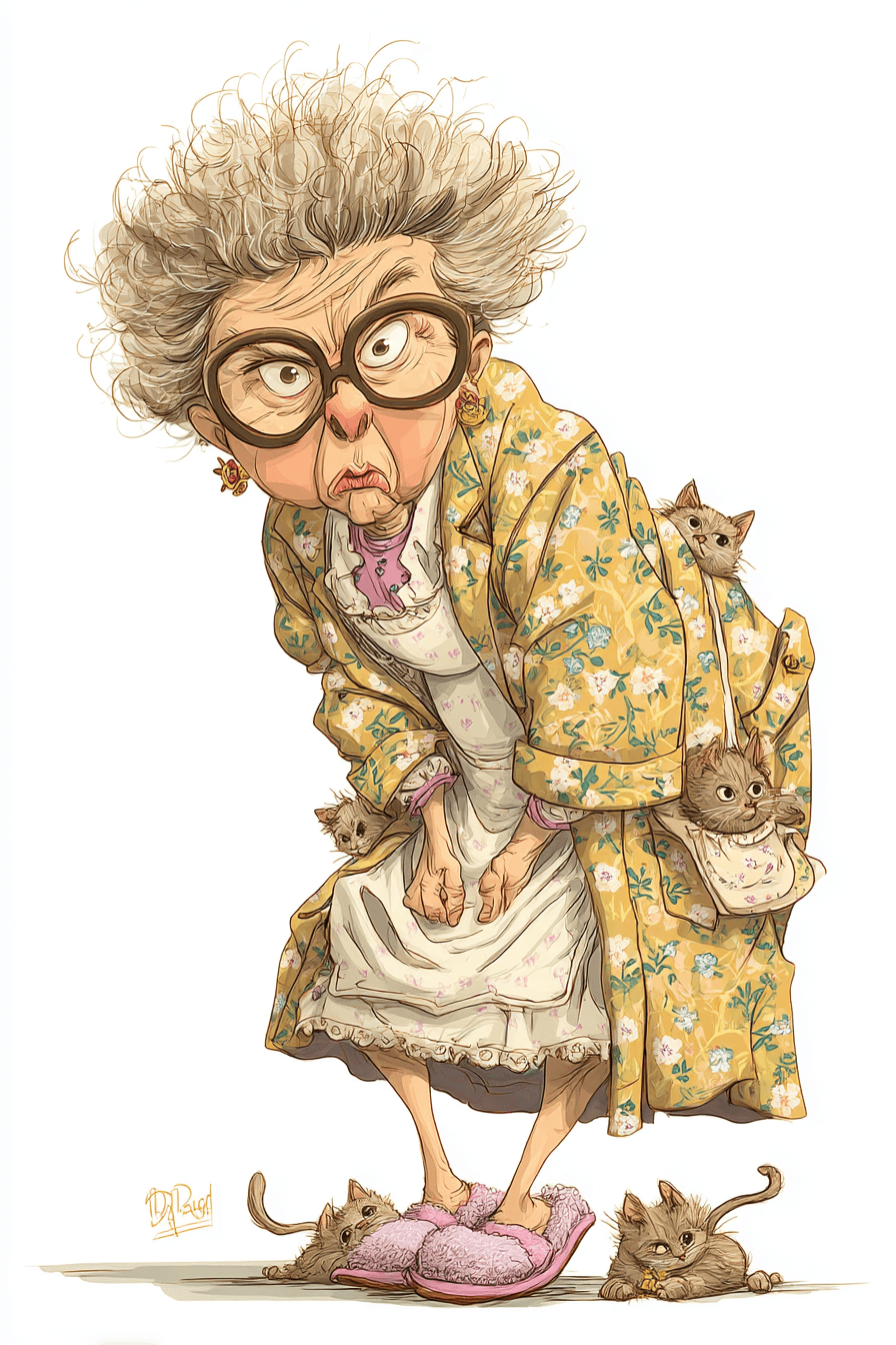 AI generated: funny caricature, eccentric cat lady, british ethnicity, 62 years old, frazzled, bespectacled, hunch...