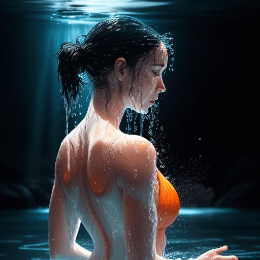 AI generated: A woman stands with her back and side profile visible, surrounded by splashing water. She is illumin...