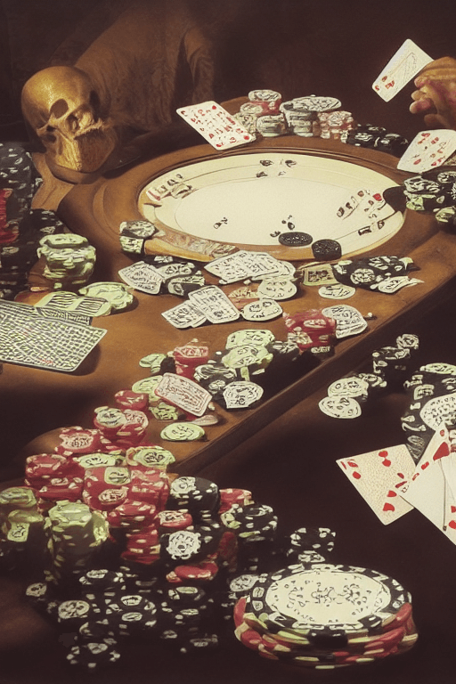 AI generated: (((8k, very high resolution, masterpiece))), (death:1.2) playing poker, (scythe of death in backgrou...