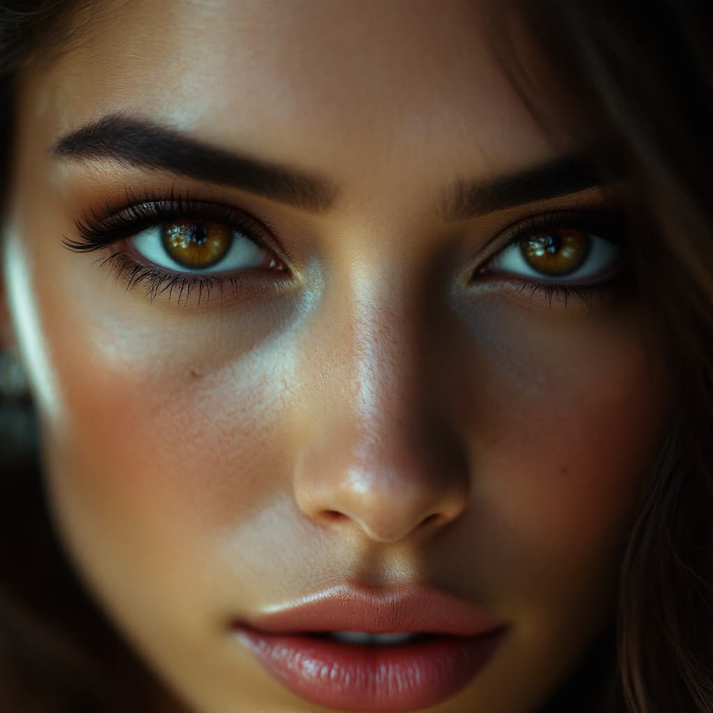 AI generated: A close-up color portrait of a woman resembling Eva Mendes, the woman's face highly detailed, with a...