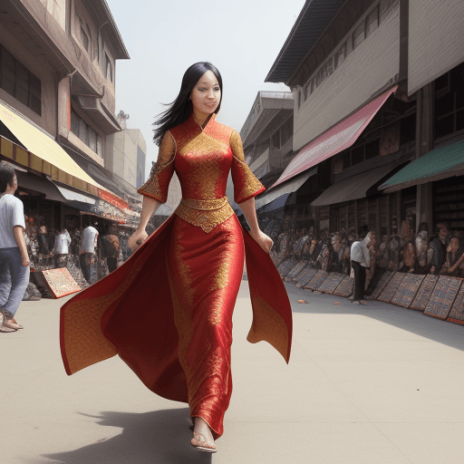 AI generated: 
lady bayamah asian dress walking in the center of parkour city at market place lot of people and po...