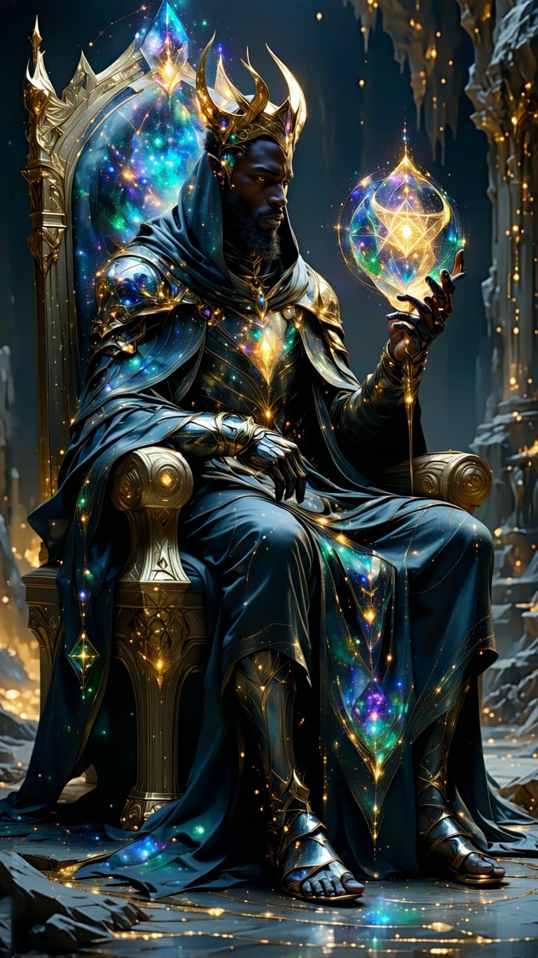 AI generated: A regal celestial king, adorned in opalescent golden armor etched with cosmic fractals, sits upon a ...