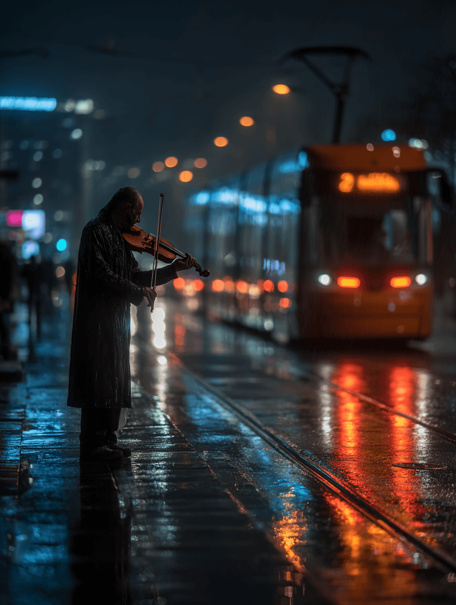 AI generated: A male 35yo street musician is standing on the sidewalk, playing violin in a rainy city at night, ne...
