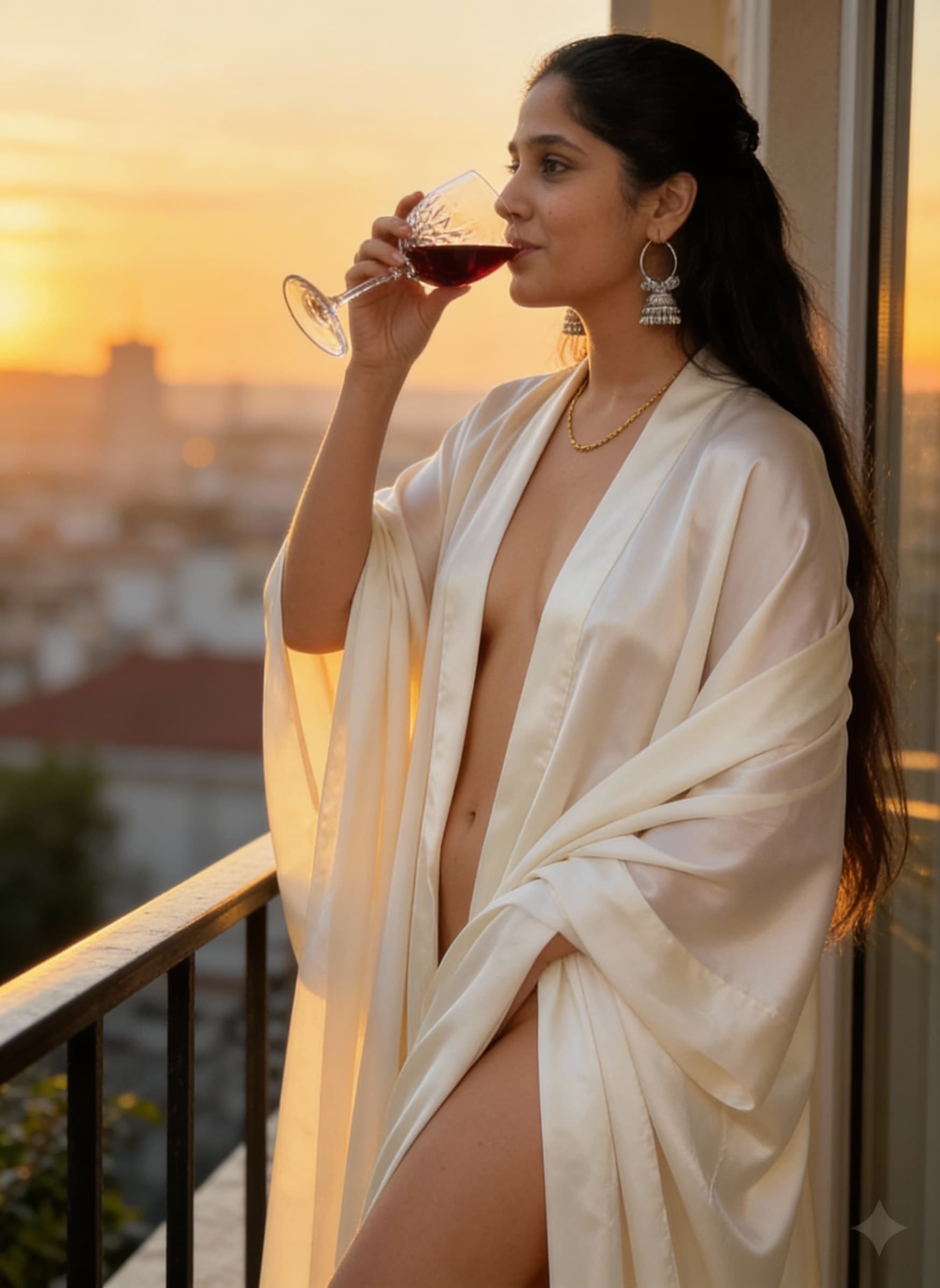 AI generated: Ex: make the give image given prompt.
A sensual, intimate lifestyle photograph set at sunset on a pr...