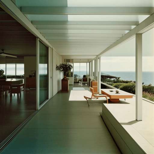 AI generated: Hyper realistic eye level exterior photo of a mid century modern style house overlooking the ocean, ...