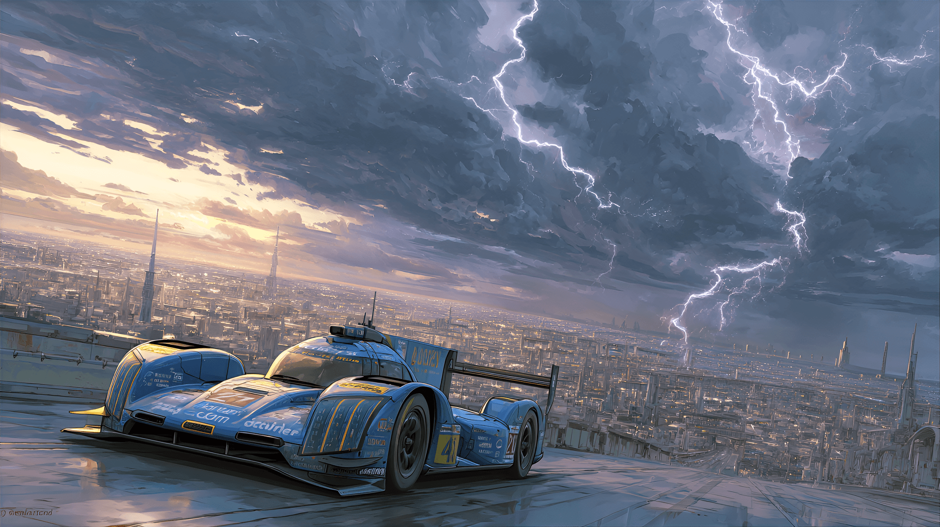 AI generated: moe technique, a thrilling car race in a dystopian metropolis, intense character dynamics, kawamori ...