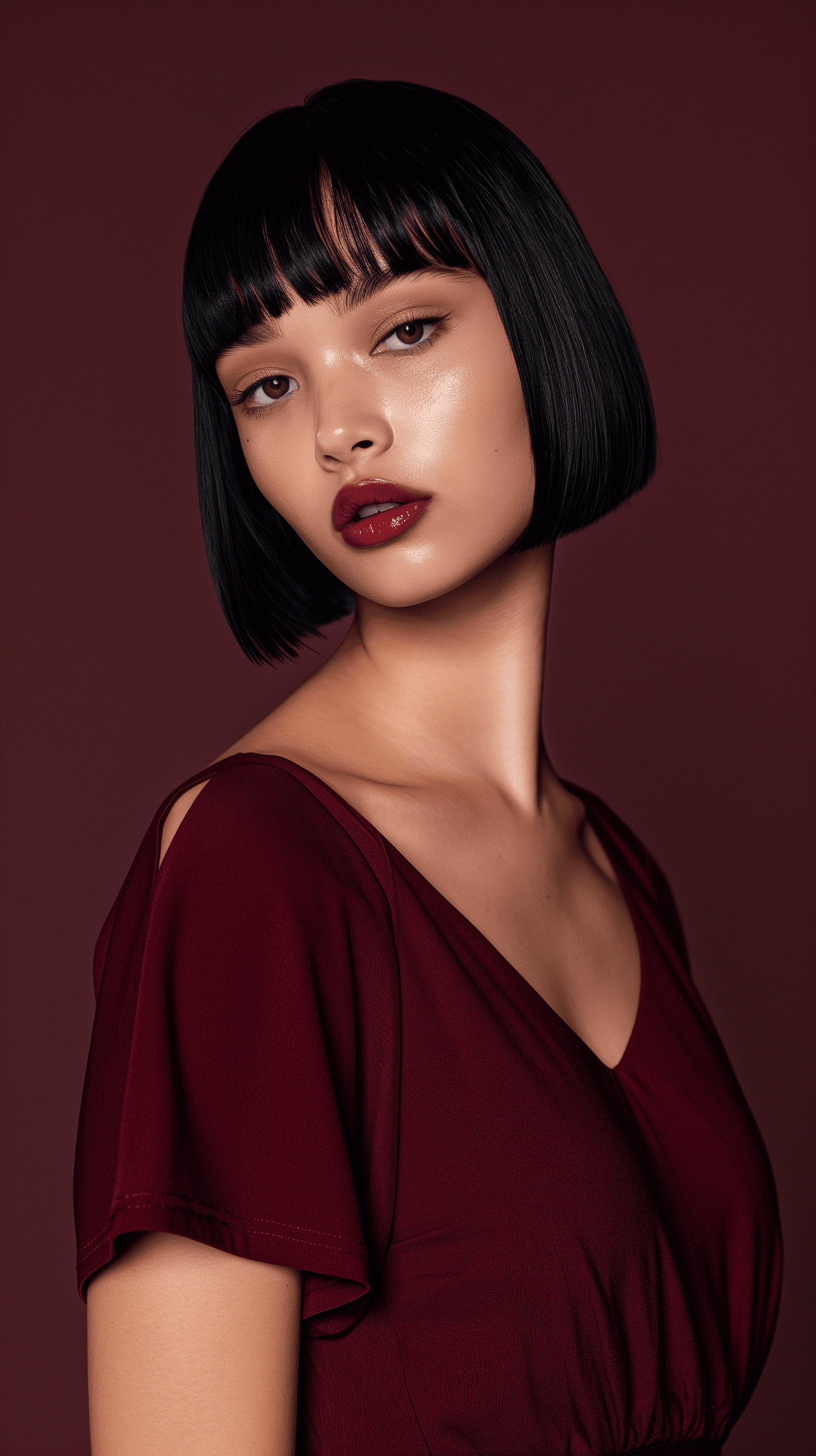 AI generated: photograph, upper-body, young woman professional model pose, minimalist fashion style, neat bobbed b...