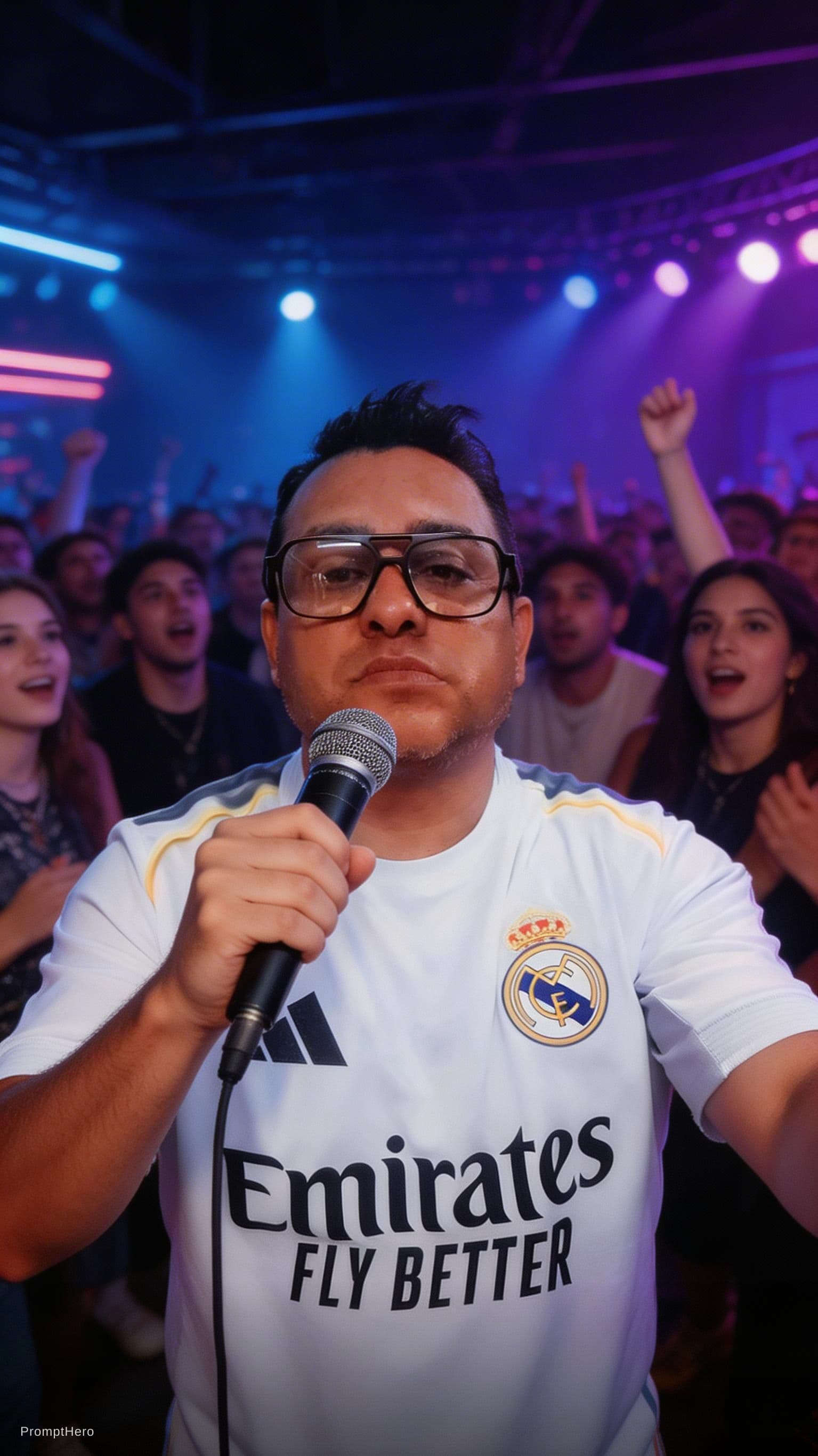 AI generated: rapper performs as camera backs up to reveal the club crowd