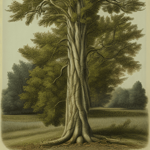 AI generated: Botanical illustration of Shagbark Hickory Tree with very shaggy bark and yellow fall leaves by Pier...